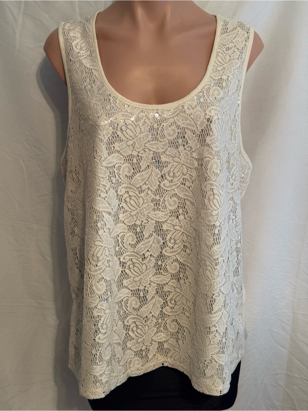 Ivory Lace Overlay & Sequined Sleeveless Scoop Neck Racer Back Tank Top - Picture 1 of 4
